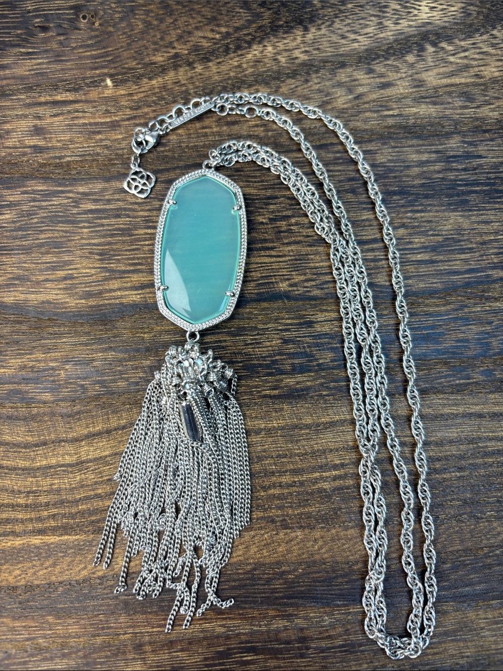 Kendra Scott Long Silver Necklace with Aqua Green Pendant and Tassel